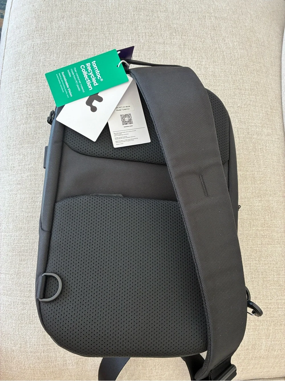 Tomtoc NWT Black Laptop Tech Sling Backpack 14” 15”
